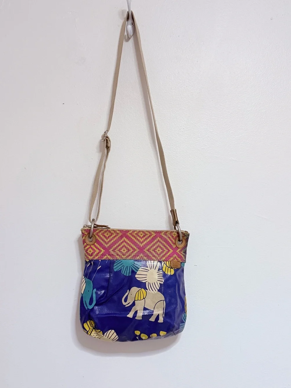 Fossil Blue Elephant Print Crossbody Bag with Pink Pattern Trim
